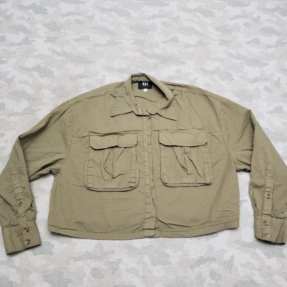 KUT From The Kloth Jacket Womens Large Green Crop Pockets Long Sleeve Button-Up